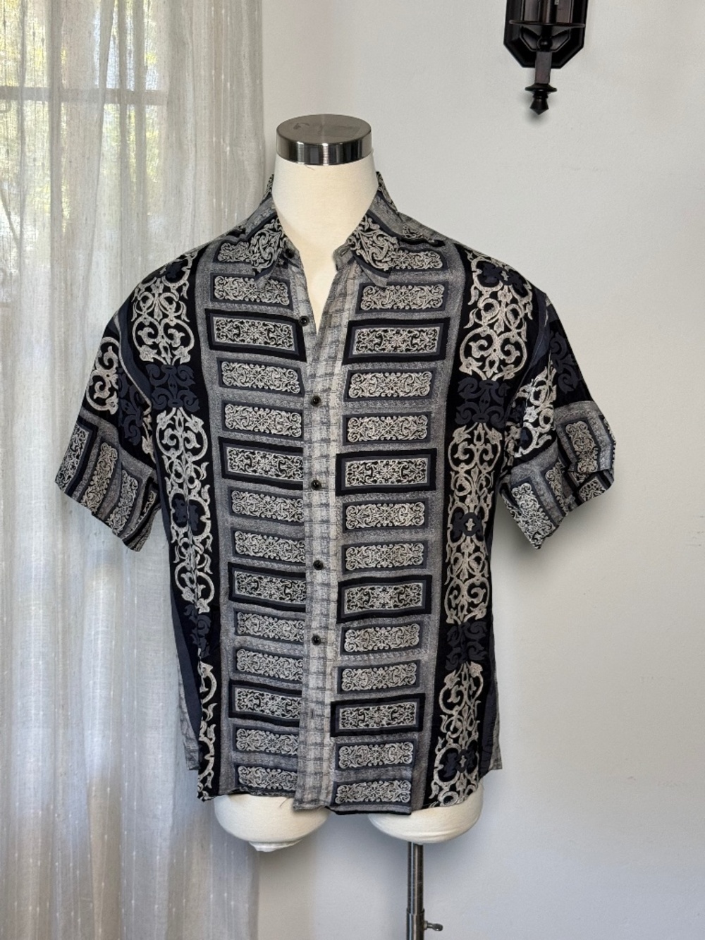 Vintage Sangi Rayon Baroque Camp Shirt Gray, Blue and Black Men's L